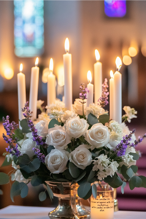 Velas encendidas con rosas blancas y flores moradas en un jarrón crean una elegante idea de arreglo floral perfecta para altares de iglesias, todo ello en una habitación suavemente iluminada.