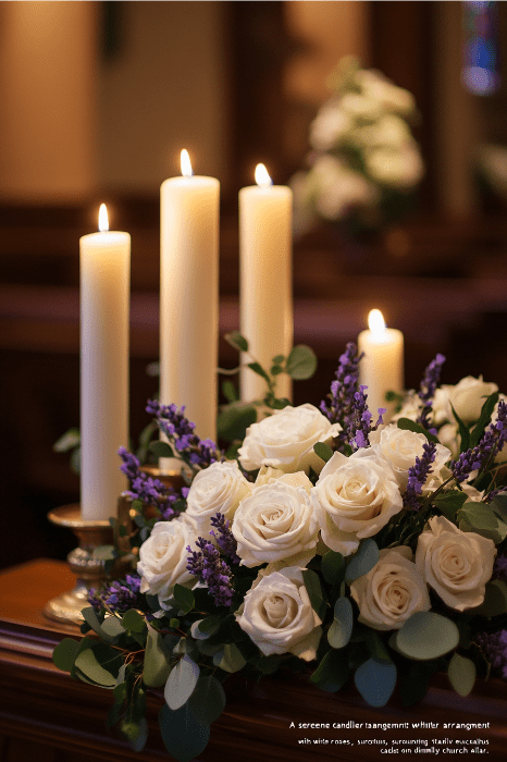 Unas velas y un impresionante arreglo floral, con rosas blancas y flores moradas, adornan el altar de madera de la iglesia. Este hermoso montaje ofrece inspiradoras ideas de arreglos florales para altares de iglesia.