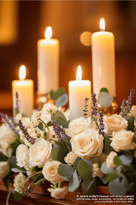 Velas rodeadas de rosas blancas, lavanda y eucalipto crean un sereno arreglo floral para los altares de las iglesias.