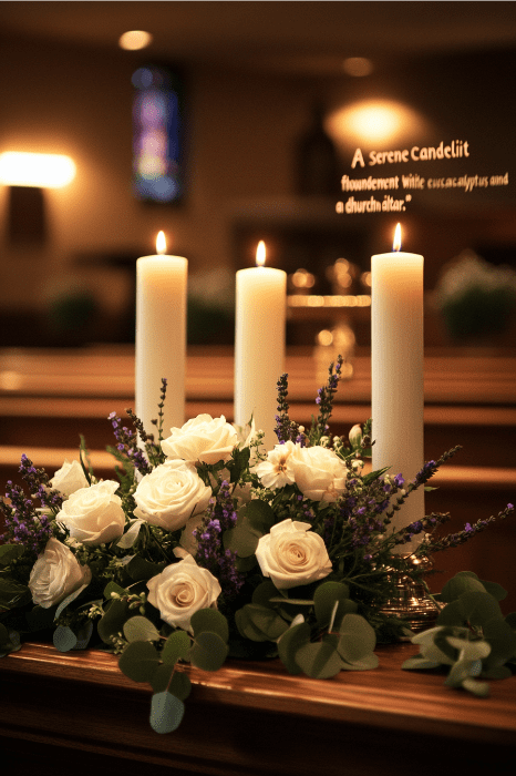 Las velas y las flores blancas crean una atmósfera serena en el altar de la iglesia, acentuada por el eucalipto y la lavanda. Para quienes busquen ideas de arreglos florales para altares de iglesia, la incorporación de estos elementos puede realzar maravillosamente el ambiente sagrado.