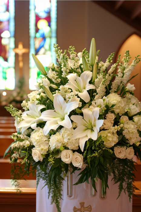 Gran arreglo floral de lirios blancos, rosas y vegetación que adorna el altar de la iglesia con vidrieras, ofreciendo ideas inspiradoras de arreglos florales para altares de iglesias.
