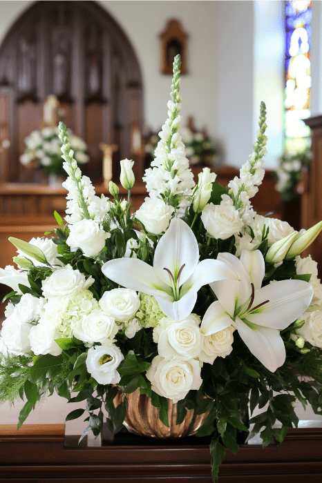 Elegante arreglo floral blanco con rosas y lirios, perfecto para inspirar ideas de arreglos florales para altares de iglesias.