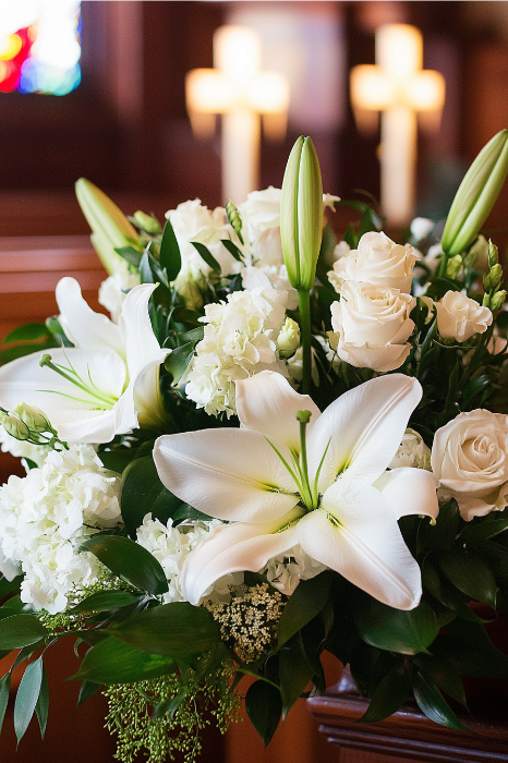 Un ramo de lirios blancos y rosas con hojas verdes adorna la escena, ilustrando a la perfección ideas de arreglos florales para altares de iglesias. Las luces difuminadas en forma de cruz del fondo añaden un toque sagrado a este elegante despliegue.