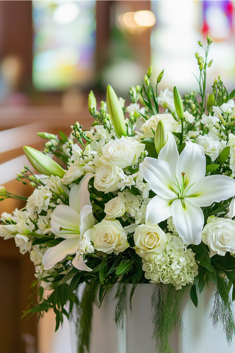 En un entorno muy iluminado, este ramo de lirios y rosas blancas, complementado con un exuberante follaje verde, es una elegante idea de arreglo floral para altares de iglesias.