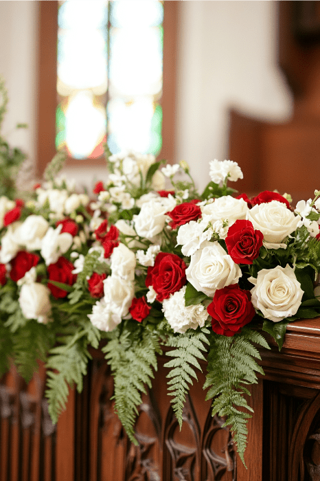 Descubra elegantes ideas de arreglos florales para altares de iglesias con rosas rojas y blancas entrelazadas con exuberante vegetación, bellamente expuestas sobre una barandilla de madera ante una vibrante vidriera.