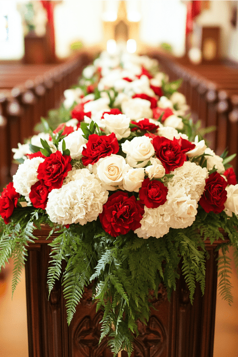 Una impresionante idea de arreglo floral para altares de iglesia, con un primer plano de flores rojas y blancas sobre un banco de madera en el pasillo, complementado con exuberantes helechos verdes debajo.