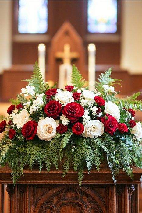 Un impresionante arreglo floral para el altar de una iglesia, con rosas rojas y blancas bellamente entrelazadas con exuberante vegetación, todo ello elegantemente expuesto en un soporte de madera.
