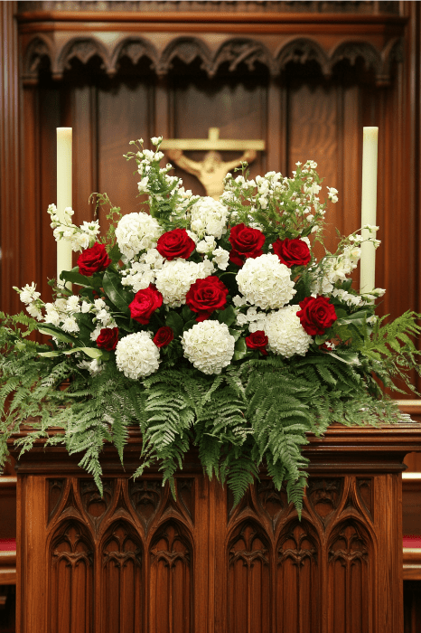 Las ideas de arreglos florales para altares de iglesia cobran vida con rosas rojas y flores blancas, flanqueadas por velas delante de un altar de iglesia de madera adornado con un crucifijo.