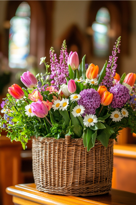 Una cesta de mimbre llena de tulipanes, margaritas y lilas adorna una mesa de madera, ofreciendo elegantes ideas de arreglos florales para altares de iglesias. Las vidrieras del fondo enmarcan el vibrante conjunto.