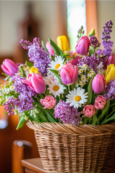 Una cesta de mimbre llena de tulipanes rosas, margaritas y lilas ofrece elegantes ideas de arreglos florales para altares de iglesias en una habitación con luz tenue.