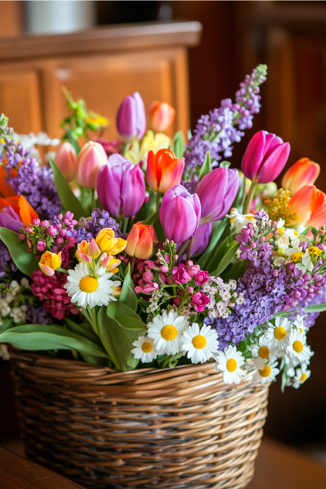 Una cesta de mimbre con vibrantes tulipanes, margaritas y lilas dispuestas en un colorido ramo ofrece serenas ideas de arreglos florales para altares de iglesias.