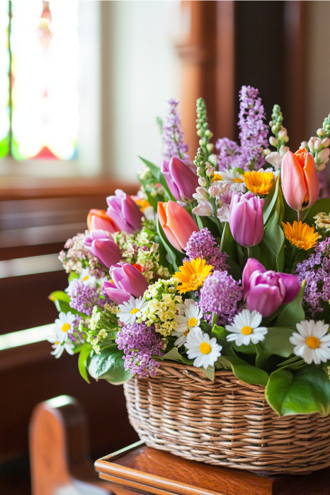 Una hermosa idea de arreglo floral para altares de iglesias: una cesta de flores de colores, incluidos tulipanes, margaritas y lilas, colocada con gracia sobre un banco de madera en una habitación iluminada por el sol.