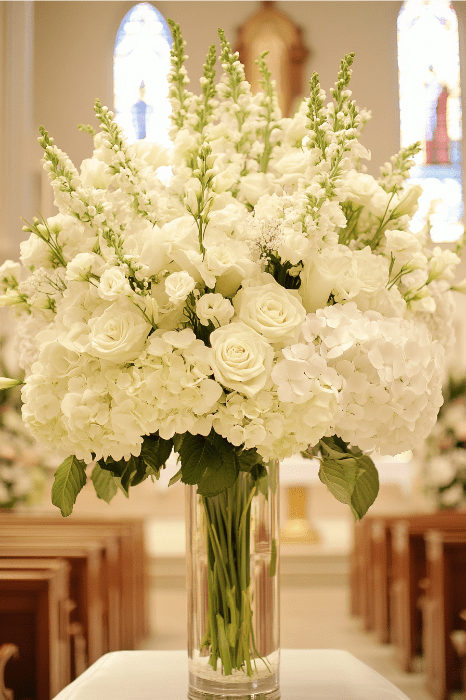 Un gran ramo de rosas blancas y hortensias adorna un jarrón de cristal, ofreciendo elegantes ideas de arreglos florales para altares de iglesias bajo las vibrantes vidrieras.