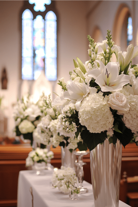 Arreglos florales blancos adornan una mesa en la iglesia, con la luz del sol filtrƔndose a travƩs de las vidrieras, ofreciendo serenas ideas de arreglos florales para altares de iglesia.