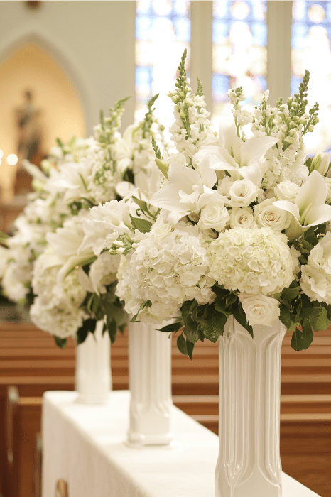 Arreglos florales blancos en jarrones altos se alinean en el pasillo de una iglesia, ofreciendo elegantes ideas de arreglos florales para altares de iglesia, con vidrieras brillando en el fondo.