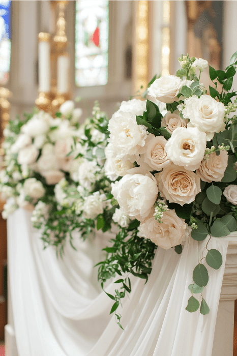 Elegantes ideas de arreglos florales para altares de iglesias con rosas blancas y rosadas, exuberante vegetación y telas drapeadas, que realzan bellamente el espacio interior decorado.