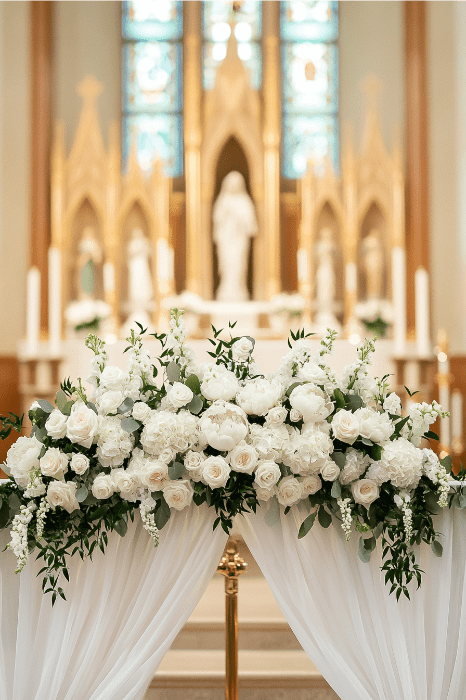 Un arreglo floral blanco sobre tela drapeada adorna con elegancia el altar de la iglesia, proporcionando inspiradoras ideas de arreglos florales para altares de iglesia. El telón de fondo de vidrieras y estatuas completa este entorno sereno.