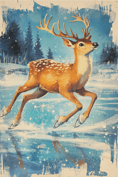 Uma pintura vibrante captura um cervo patinando no gelo graciosamente, cercado por árvores congeladas e uma paisagem de neve, evocando o calor das saudações de Natal para as reuniões da igreja.