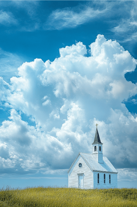 Una pequeña iglesia blanca con un campanario se alza en un campo cubierto de hierba bajo un gran cielo con nubes esponjosas, ofreciendo consuelo y paz parecidos a las suaves oraciones católicas para la ansiedad y el estrés.