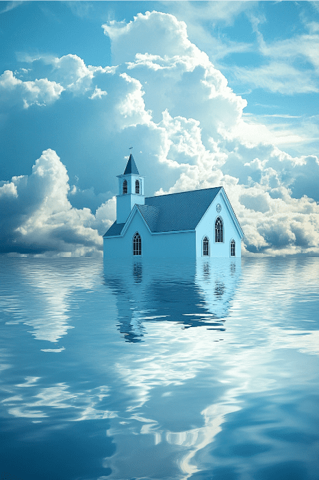 Una iglesia rodeada de agua bajo un dramático cielo nublado crea una escena serena y surrealista, que invita a momentos de reflexión parecidos a susurrar oraciones católicas contra la ansiedad y el estrés.