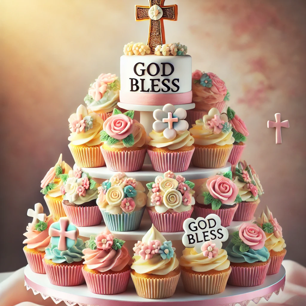 A stunning tiered arrangement of decorated cupcakes effortlessly captures Christening cake ideas with its floral designs, cross toppers, and a heartwarming "God Bless" sign.