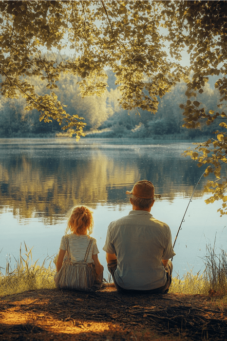 Un niño y un adulto se relajan junto a un lago, bajo los árboles, mientras el adulto lanza suavemente una caña de pescar. Es una escena serena, que evoca recuerdos entrañables del Día del Padre, a menudo celebrado con poemas en la iglesia.