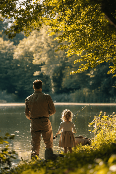 Un hombre y un niño pescan junto a un lago tranquilo, rodeados de exuberante vegetación y con la luz del sol filtrándose entre los árboles: una escena que recuerda a los poemas del Día del Padre para la iglesia.