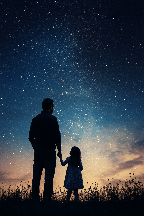 Silueta de hombre y chica cogidos de la mano, contemplando el cielo nocturno estrellado con un horizonte vibrante, reminiscencia de los poemas del Día del Padre recitados en la iglesia, capturando la esencia del amor y la maravilla compartidos entre generaciones.