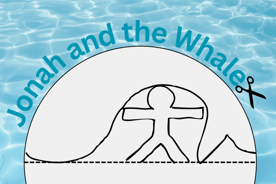 Ilustração de uma pessoa recortando uma forma de baleia, com o texto "Jonah and the Whale" acima em um fundo de água, perfeita para capturar o espírito de uma Lição da Escola Dominical sobre Jonas.