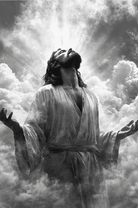Una persona vestida con túnica se alza entre las nubes, con los brazos extendidos, como en las oraciones de Alcohólicos Anónimos, y rayos de luz que brillan desde arriba.
