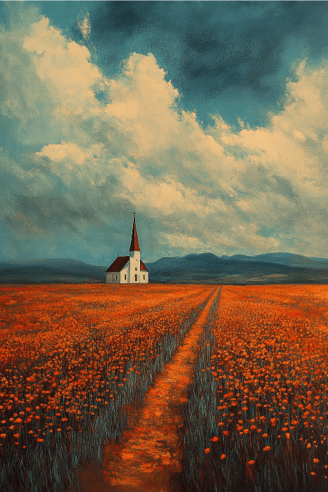 Una pequeña iglesia se alza en un vasto campo de flores anaranjadas bajo un cielo dramático y nublado, ofreciendo consuelo y oraciones por la ansiedad en medio del abrazo de la naturaleza.