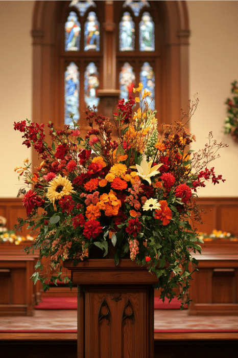 Un vibrante arreglo floral sobre un podio de madera en una iglesia, que ofrece inspiradoras ideas de arreglos florales para altares de iglesias, con vidrieras que proporcionan un impresionante telón de fondo.