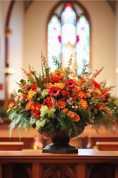Un vibrante arreglo floral, perfecto para los altares de las iglesias, con flores naranjas y rosas sobre un impresionante vitral de fondo.