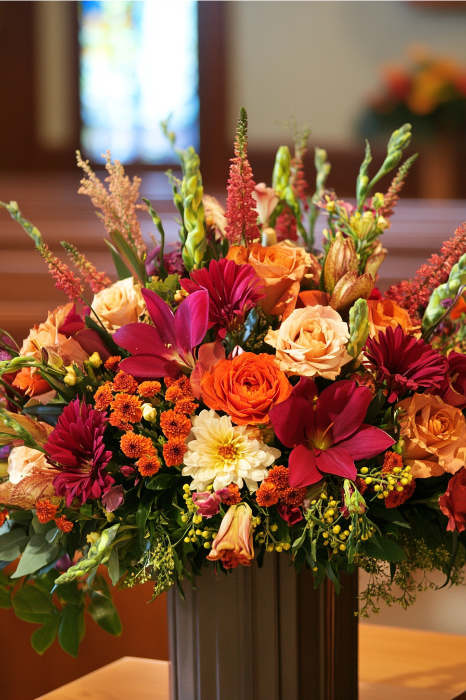Un vibrante ramo de flores naranjas, rojas y rosas adorna un jarrón alto sobre una mesa de madera en el interior, perfecto para inspirar ideas de arreglos florales para altares de iglesias.