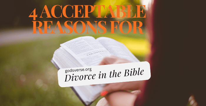 Uma pessoa lê uma Bíblia ao ar livre, contemplando o texto: "4 Acceptable Reasons for Divorce in the Bible" (4 razões aceitáveis para o divórcio na Bíblia), buscando orientação e compreensão sob o céu aberto.