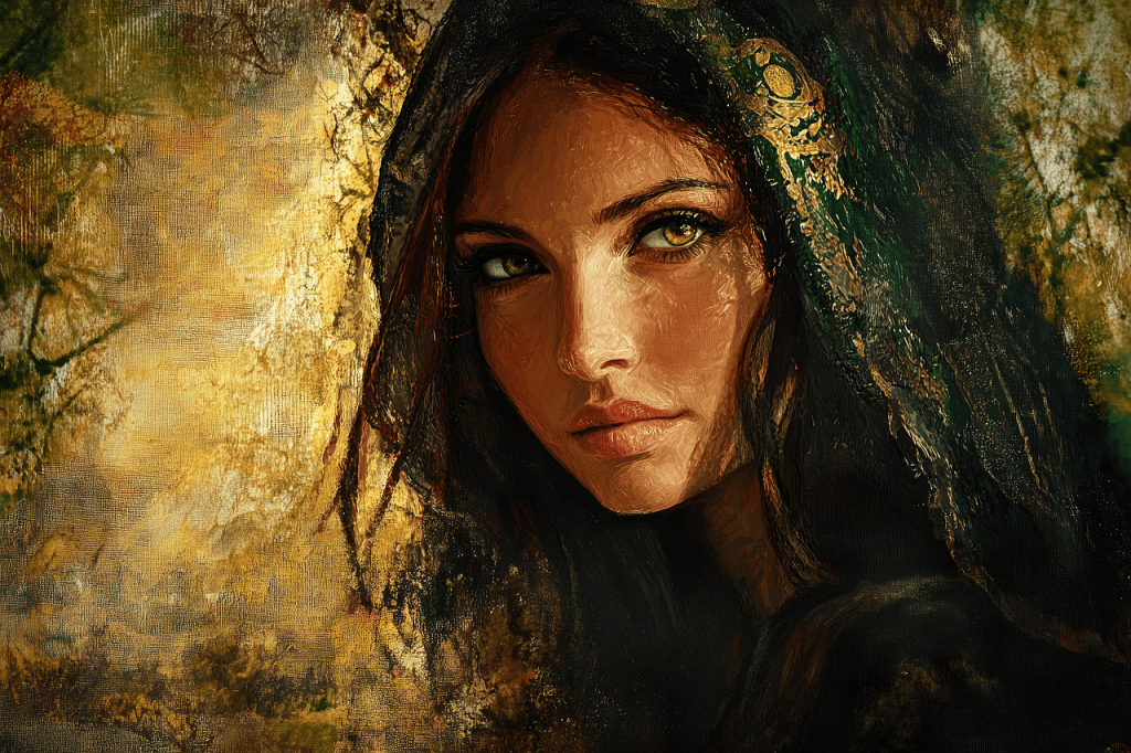 El retrato de una mujer con un oscuro manto con capucha, que recuerda a personajes del Antiguo Testamento, se alza sobre un fondo texturado y terroso.