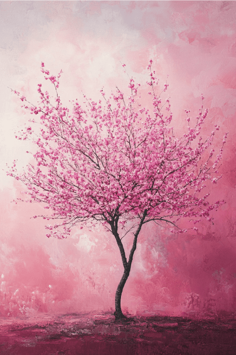 Un árbol con vibrantes flores rosas se yergue sereno sobre un relajante fondo rosa y blanco, evocando la tranquilidad que a menudo se busca en las oraciones católicas contra la ansiedad y el estrés.