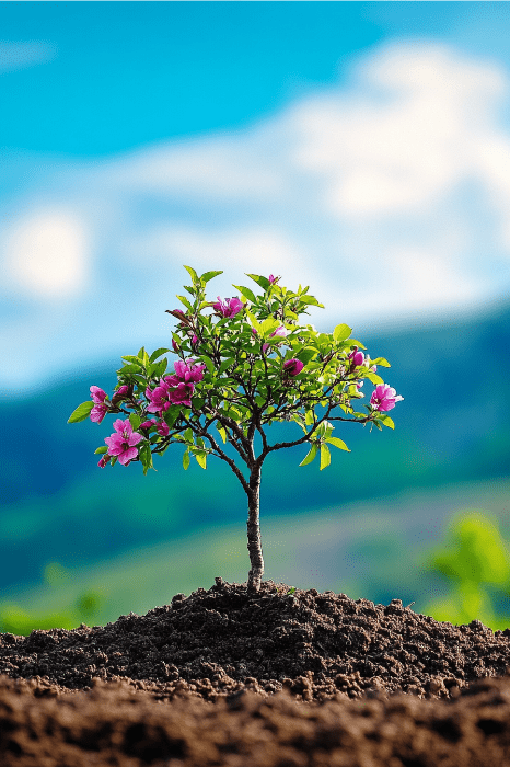 Un pequeño árbol con flores rosas se alza sobre un montículo de tierra, haciéndose eco de un suave consuelo parecido a las oraciones por la ansiedad, con una montaña y un cielo borrosos de fondo.