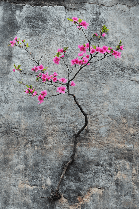 Una rama con flores rosas crece con gracia desde una pared gris texturizada, ofreciendo un sereno telón de fondo como si susurrara silenciosas plegarias para aliviar la ansiedad.