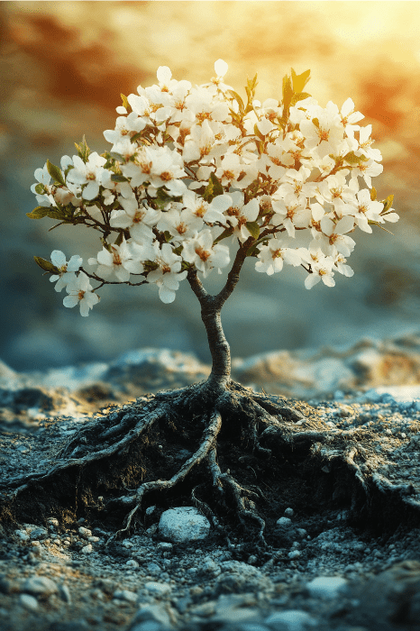 Un pequeño árbol con flores blancas y raíces visibles se alza como un faro de esperanza sobre un fondo iluminado por el sol, ofreciendo un espacio sereno para reflexiones tranquilas y oraciones por la ansiedad.