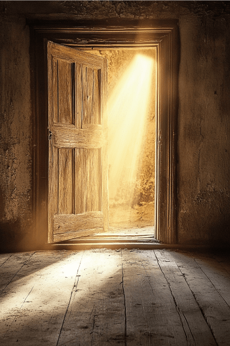 La luz del sol se cuela por una puerta de madera abierta, iluminando una habitación poco iluminada con un suelo rústico de madera: un santuario sereno donde encontrar consuelo y susurrar plegarias por la ansiedad.