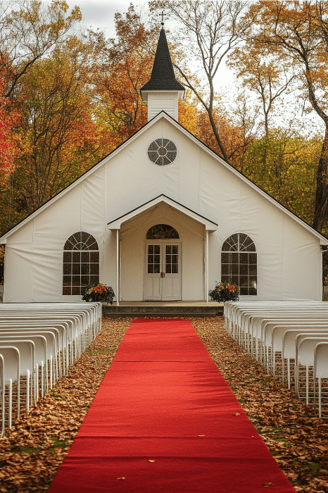 Uma capela branca pitoresca com um corredor de tapete vermelho, cercada por árvores de outono e cadeiras vazias, evoca a serenidade dos poemas lidos em um aniversário de igreja.