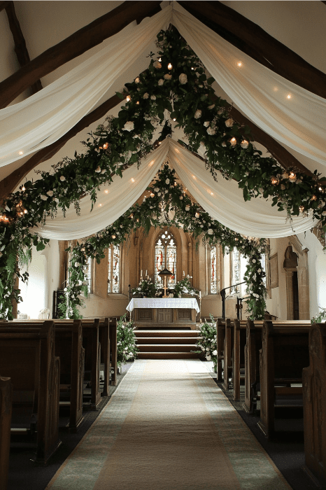 O interior da igreja, lindamente decorado com cortinas brancas e vegetação exuberante que leva a um altar emoldurado por vitrais, oferece o cenário perfeito para a leitura de poemas em um aniversário de igreja.