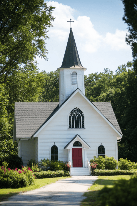 Uma igreja branca com uma porta vermelha ergue-se serenamente, cercada por árvores e um caminho no jardim que parece levá-lo a versos de poemas para um aniversário de igreja.