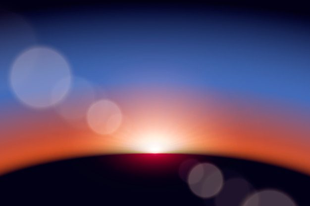 O nascer do sol abstrato sobre o horizonte com um céu gradiente e efeitos de reflexo de lente ecoa a história transformadora de Tabitha na Bíblia, trazendo luz e renovação a todos que a testemunham.