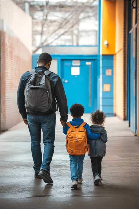 Um adulto e duas crianças com mochilas caminham por um beco urbano, lembrando uma cena de poemas sinceros do Dia dos Pais.