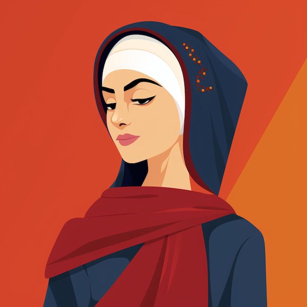 Ilustración de una mujer con pañuelo azul en la cabeza y chal rojo sobre fondo naranja, que recuerda la vibrante historia de Rahab en la Biblia.
