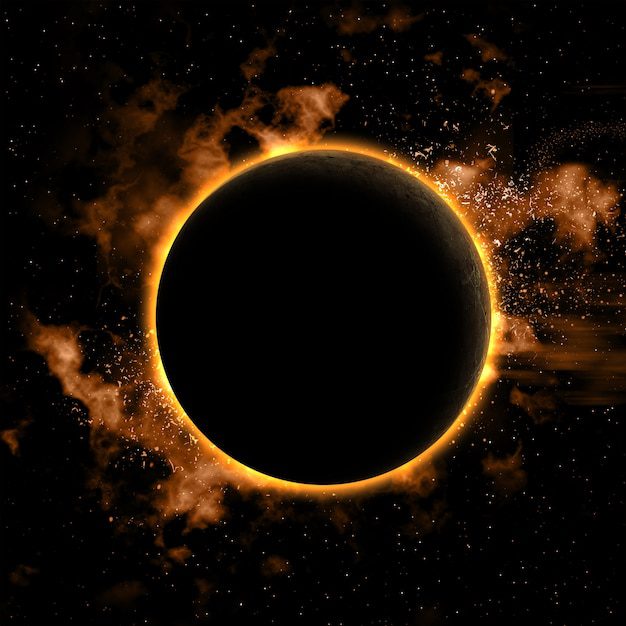 Un eclipse solar con una ardiente corona naranja y amarilla ilumina el fondo negro estrellado, recordando las señales en el cielo descritas en la Biblia.