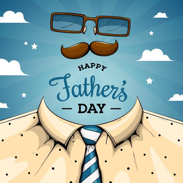 Desenho animado de uma camisa e gravata com óculos e bigode acima, onde se lê "Happy Father's Day" (Feliz Dia dos Pais) com nuvens e estrelas, perfeito para dar mais charme à sua lição bíblica do Dia dos Pais.
