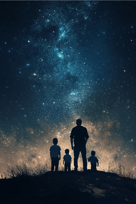Una silueta de cuatro personas se alza sobre una colina, contemplando el cielo nocturno estrellado, como si estuviera cantando una serenata al cielo con poemas del Día del Padre para la iglesia.